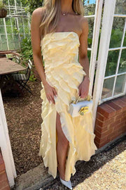 Yellow Strapless A-Line Ruffles Sleeveless Long Party Prom Dress with Slit