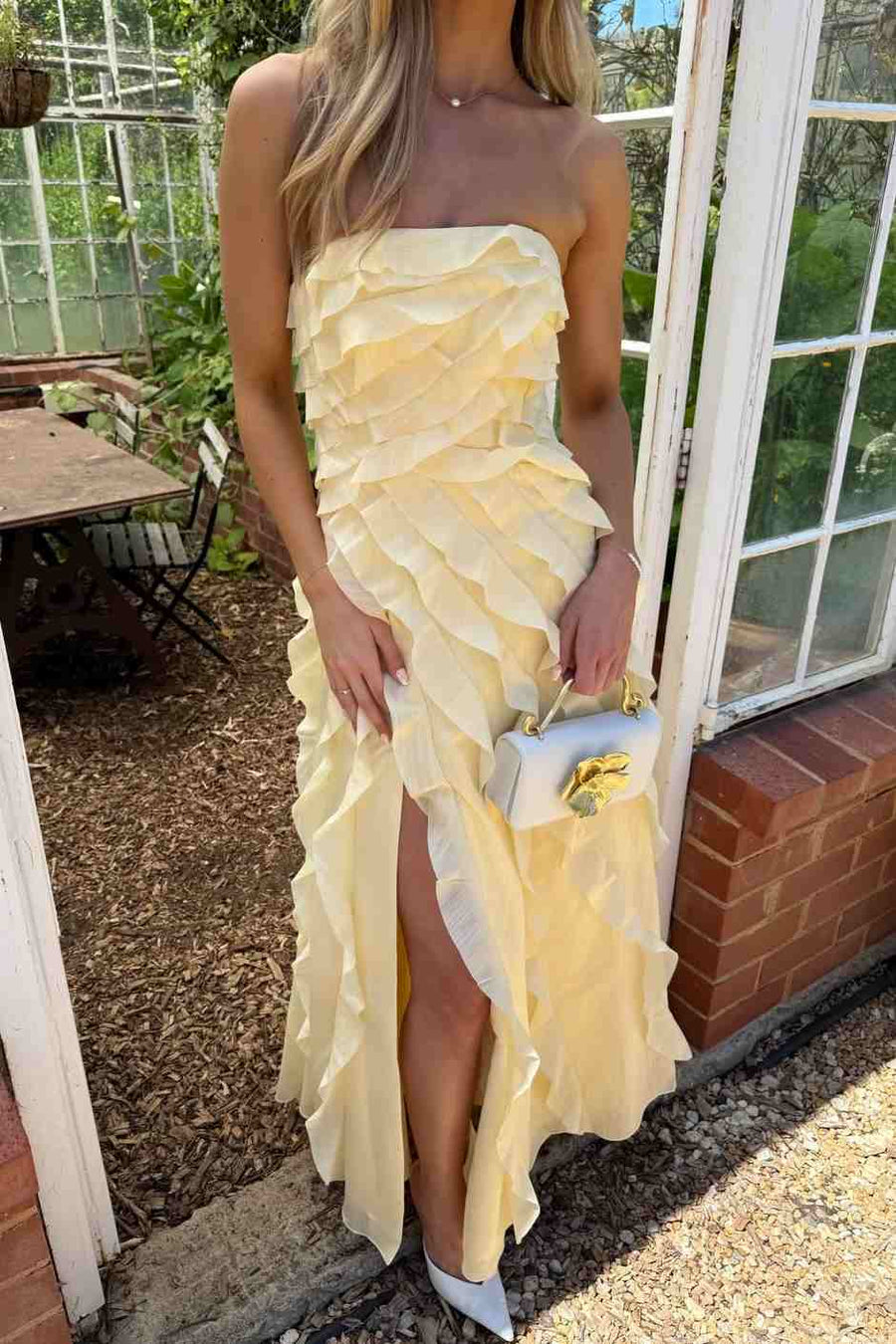 Yellow Strapless A-Line Ruffles Sleeveless Long Party Prom Dress with Slit