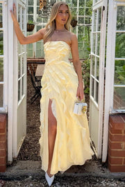 Yellow Strapless A-Line Ruffles Sleeveless Long Party Prom Dress with Slit