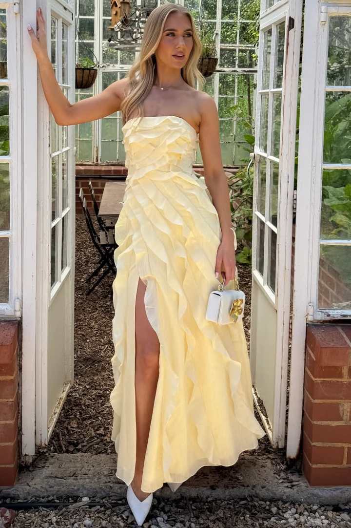 Yellow Strapless A-Line Ruffles Sleeveless Long Party Prom Dress with Slit