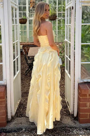 Yellow Strapless A-Line Ruffles Sleeveless Long Party Prom Dress with Slit