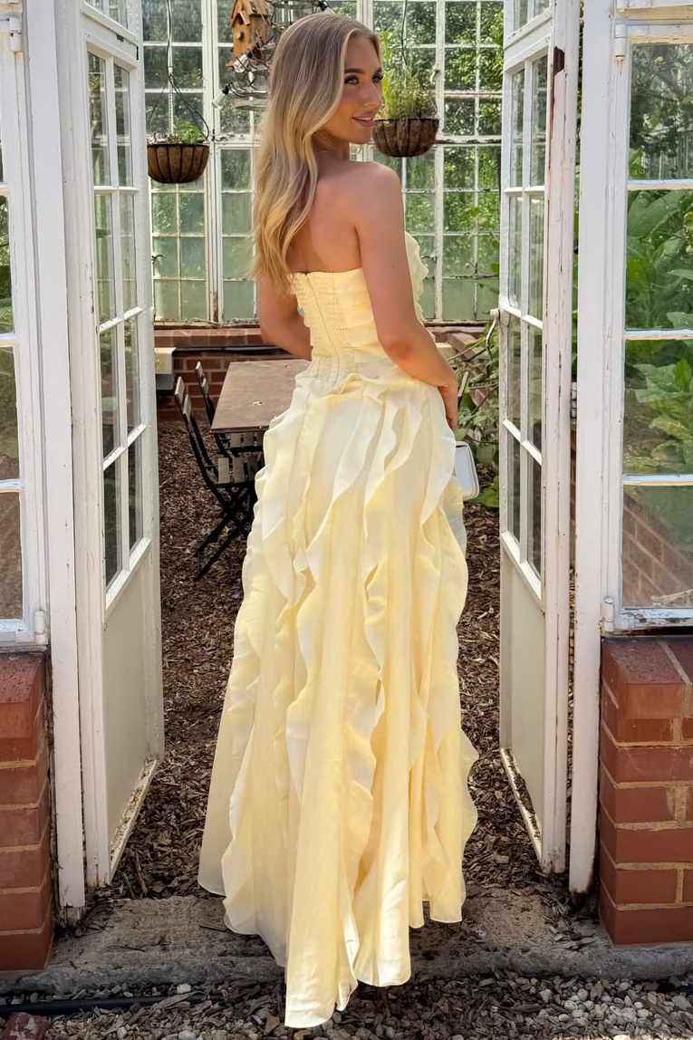 Yellow Strapless A-Line Ruffles Sleeveless Long Party Prom Dress with Slit