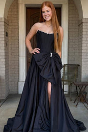 A-Line Strapless Empire-Waist High Slit Sleeveless Prom Dress with Bow