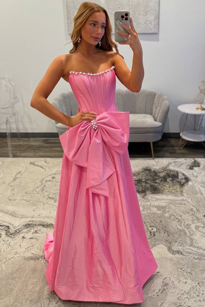 A-Line Strapless Empire-Waist High Slit Sleeveless Prom Dress with Bow