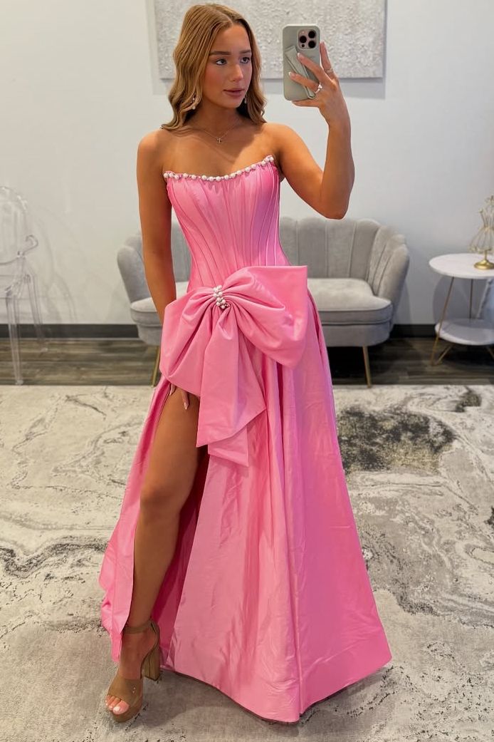 A-Line Strapless Empire-Waist High Slit Sleeveless Prom Dress with Bow