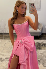 A-Line Strapless Empire-Waist High Slit Sleeveless Prom Dress with Bow
