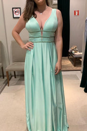 Green A-Line V-Neck Empire-Waist Sleeveless Satin Long Prom Formal Dress