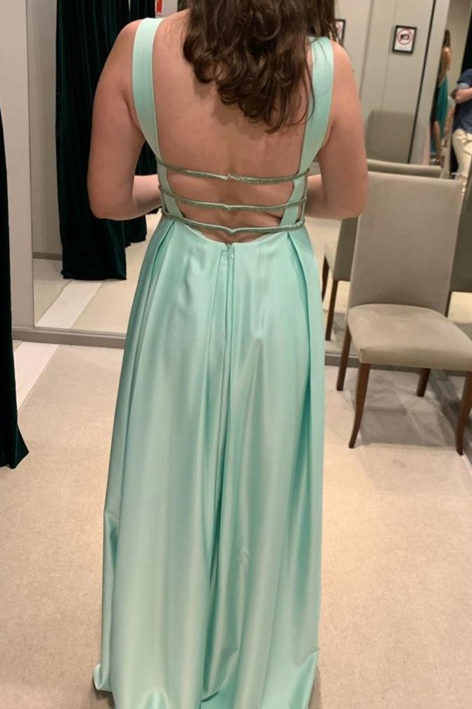 Green A-Line V-Neck Empire-Waist Sleeveless Satin Long Prom Formal Dress