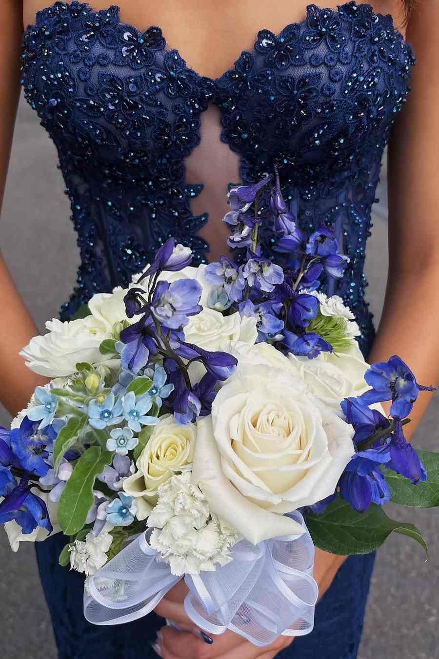Navy Blue Strapless Sweetheart Lace Appliques Mermaid Long Prom Dress