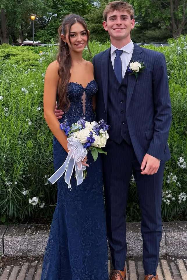 Navy Blue Strapless Sweetheart Lace Appliques Mermaid Long Prom Dress