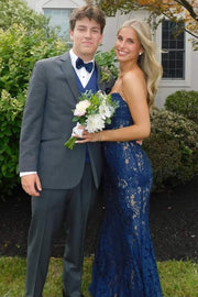 Strapless V-Neck Lace Appliques Sleeveless Mermaid Long Prom Dress