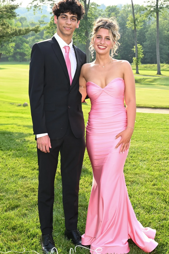  Strapless V-Neck Pleated Sleeveless Satin Long Prom Dress