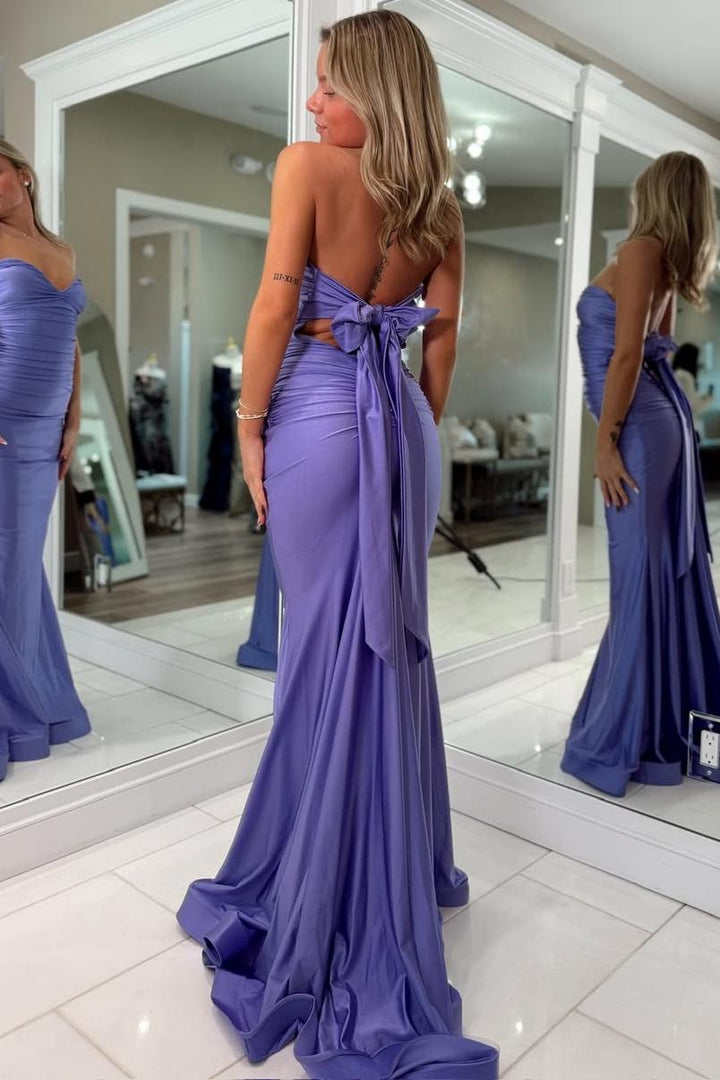 Purple Strapless V-Neck Pleated Sleeveless Satin Long Prom Dress