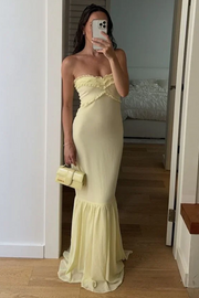 Yellow Strapless Sleeveless Chiffon Ruffles Long Party Prom Dress