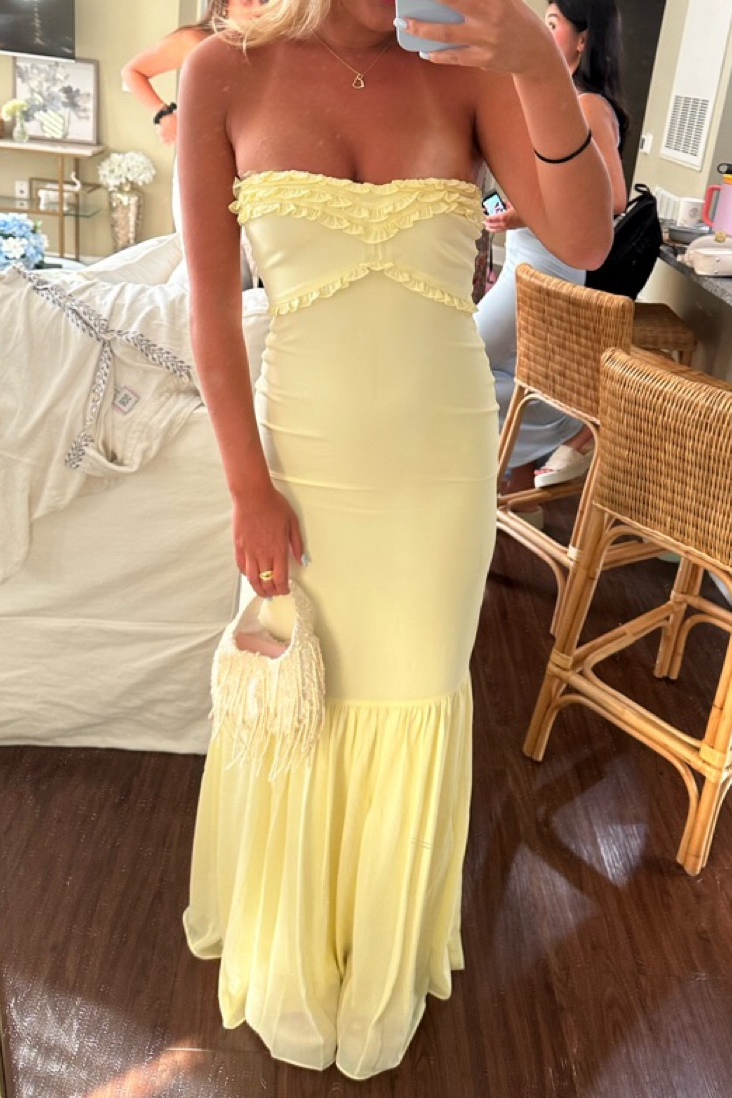 Yellow Strapless Sleeveless Chiffon Ruffles Long Party Prom Dress