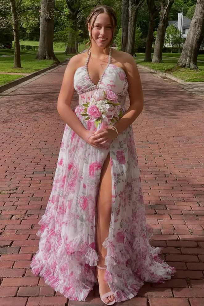 Halter A-Line V-Neck Print Ruffles High Slit Long Prom Dress with Bead