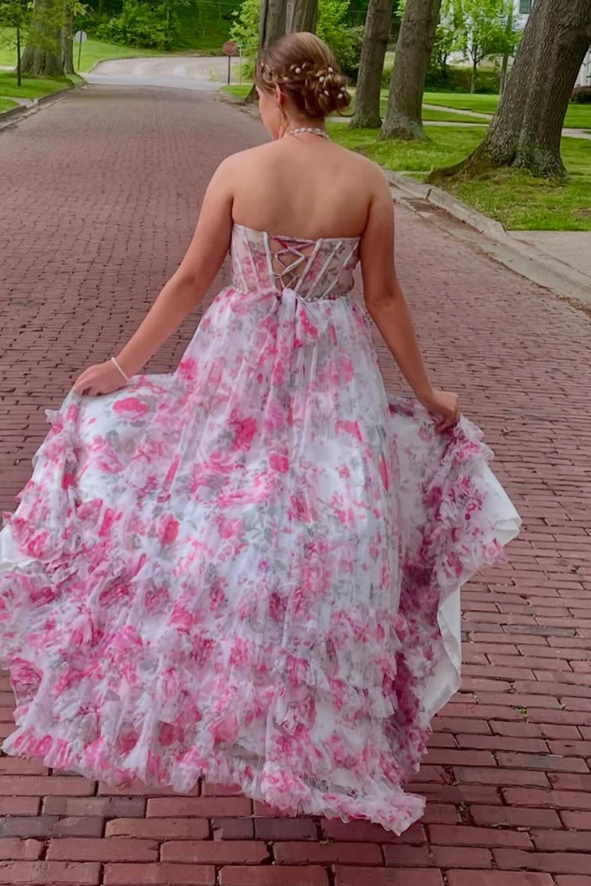 Halter A-Line V-Neck Print Ruffles High Slit Long Prom Dress with Bead