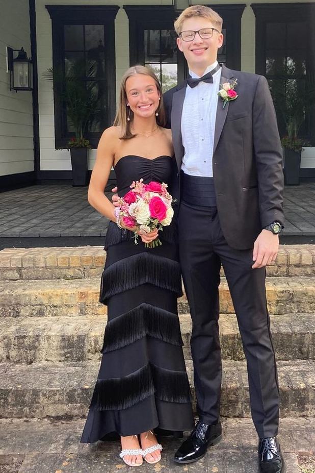 Black Strapless Tiered Tassel Sleeveless Long Prom Formal Dress