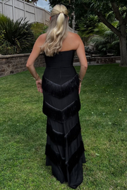 Black Strapless Tiered Tassel Sleeveless Long Prom Formal Dress