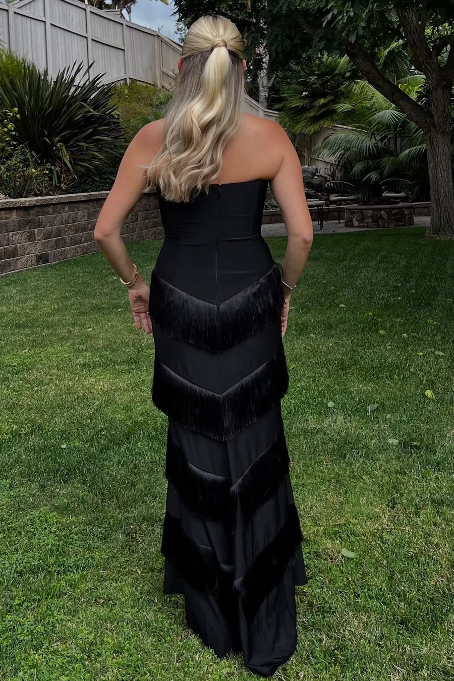 Black Strapless Tiered Tassel Sleeveless Long Prom Formal Dress