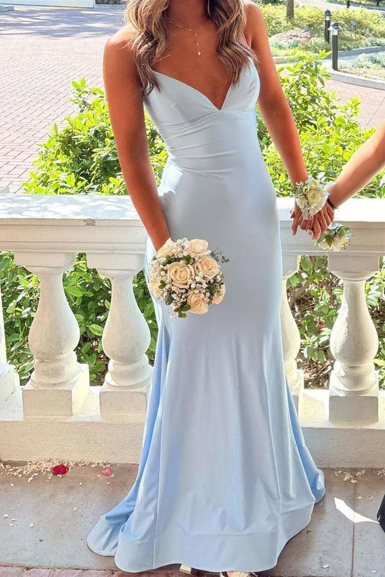 Blue Straps V-Neck Sleeveless Pleats Satin Long Formal Prom Dress