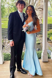 Blue Straps V-Neck Sleeveless Pleats Satin Long Formal Prom Dress
