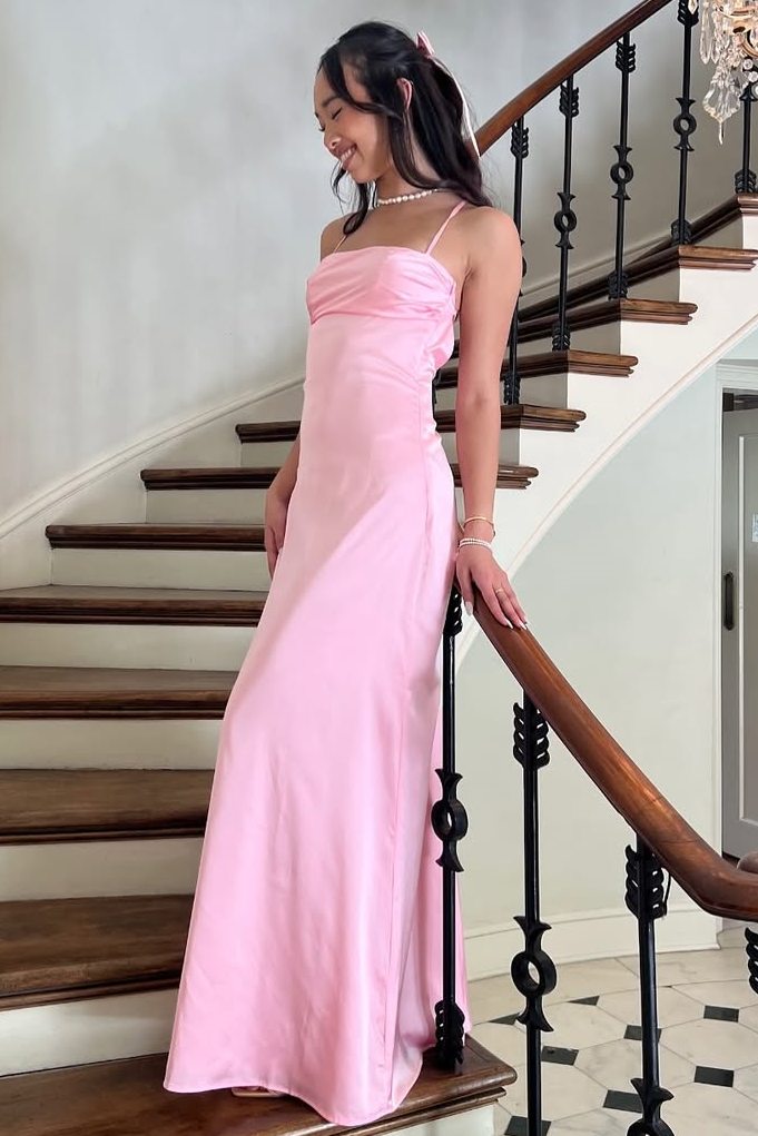 Pink Spaghetti Straps Pleats Satin Sleeveless Long Formal Prom Dress