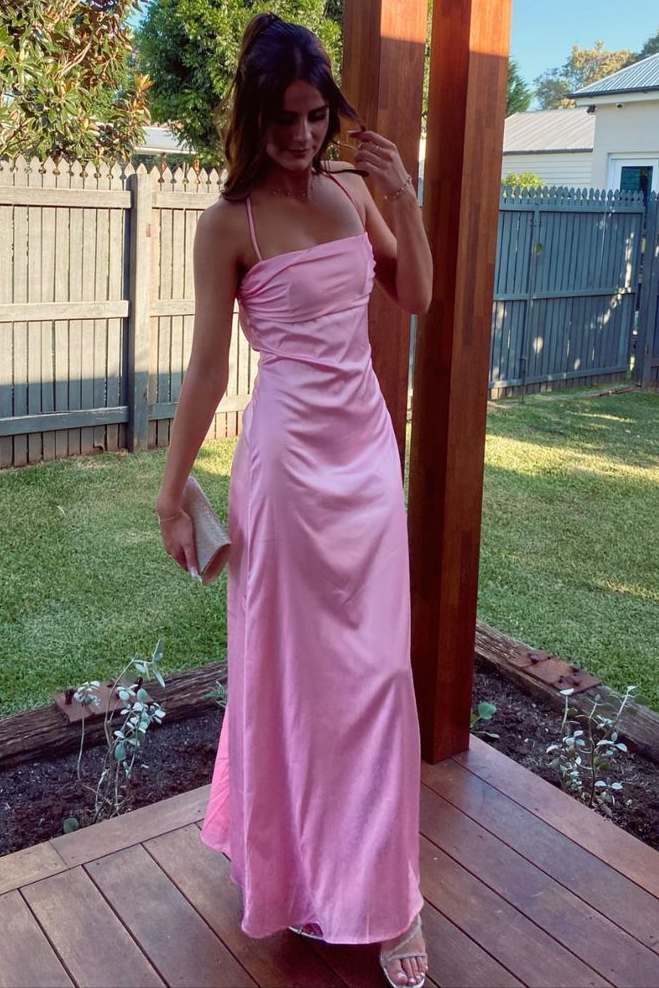 Pink Spaghetti Straps Pleats Satin Sleeveless Long Formal Prom Dress