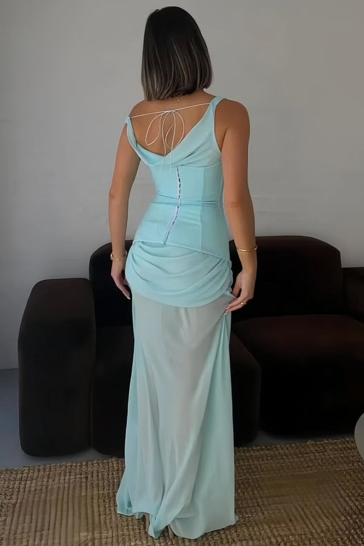 Classy Blue Sheath Sleeveless Pleats Long Party Prom Dress