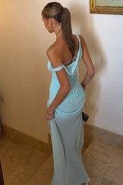 Classy Blue Sheath Sleeveless Pleats Long Party Prom Dress