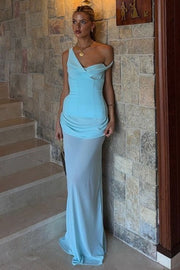 Classy Blue Sheath Sleeveless Pleats Long Party Prom Dress