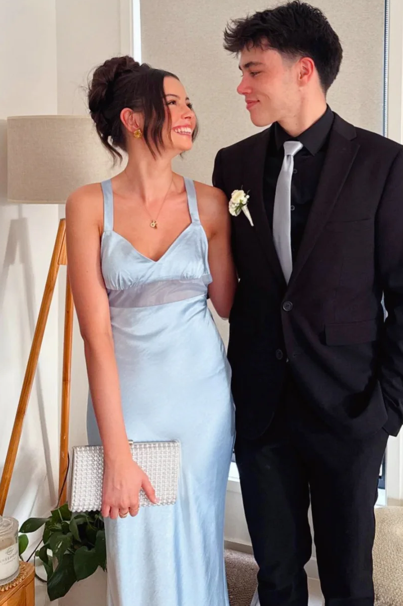 Double Straps V-Neck Sleeveless Satin Sheath Formal Prom Dress