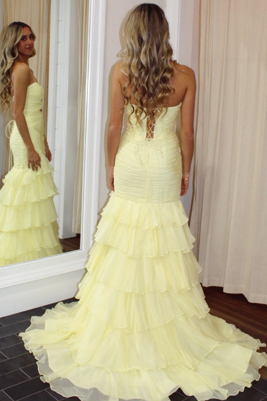 Yellow Strapless Ruffles Mermaid Keyhole Sleeveless Prom Dress with Slit
