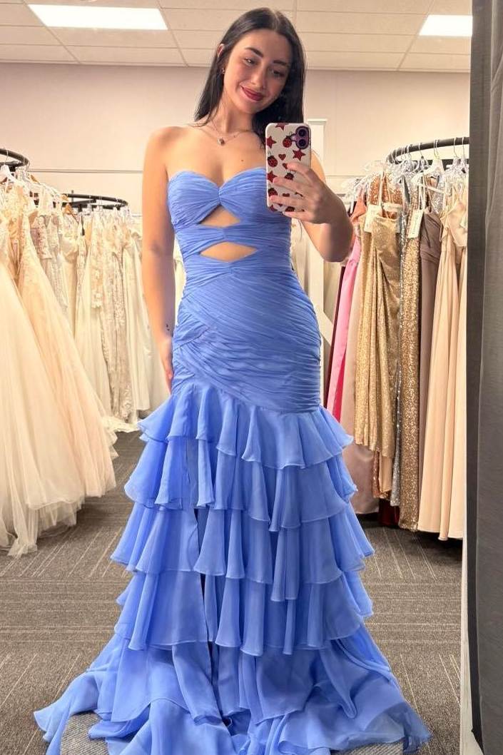 Yellow Strapless Ruffles Mermaid Keyhole Sleeveless Prom Dress with Slit