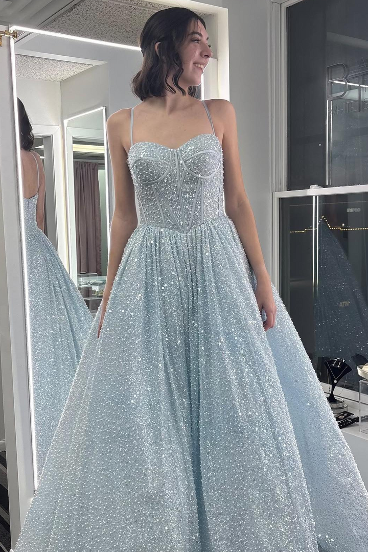 Blue A-Line Spaghetti Straps Glitter Empire-Waist Sleeveless Prom Dress