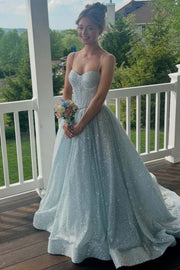 Blue A-Line Spaghetti Straps Glitter Empire-Waist Sleeveless Prom Dress