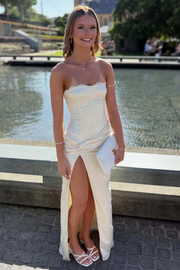 Off-White Strapless Pleats High Slit Satin Sheath Formal Prom Dress