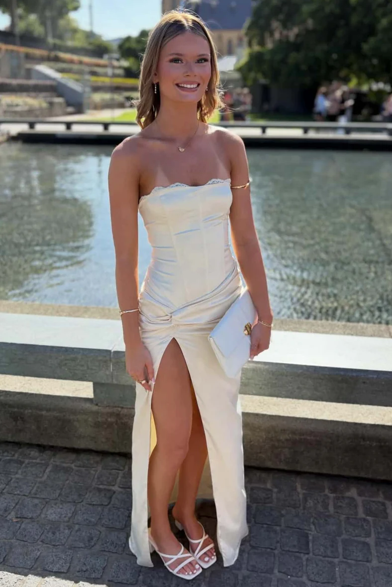 Off-White Strapless Pleats High Slit Satin Sheath Formal Prom Dress