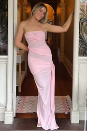 Pink Strapless Twist Side Slit Sleeveless Long Party Prom Dress