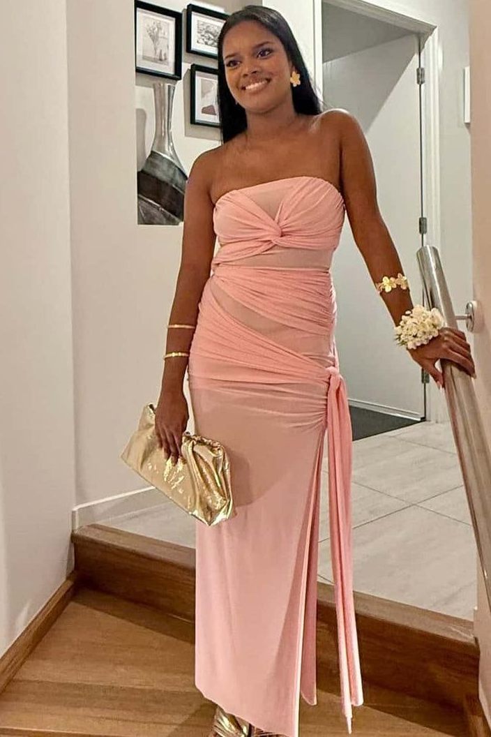 Pink Strapless Twist Side Slit Sleeveless Long Party Prom Dress