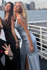 Classy Blue Cowl Neck Pleats Sleeveless Satin Formal Prom Dress with Slit