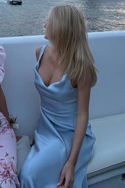 Classy Blue Cowl Neck Pleats Sleeveless Satin Formal Prom Dress with Slit