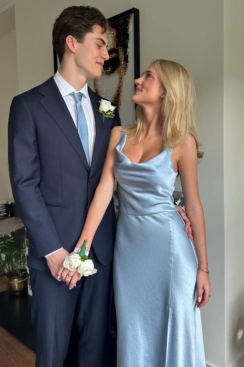 Classy Blue Cowl Neck Pleats Sleeveless Satin Formal Prom Dress with Slit