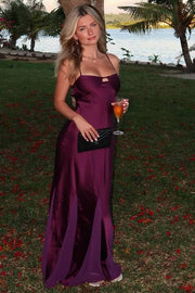 Purple Spaghetti Straps Satin Sleeveless Long Formal Prom Dress