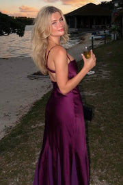 Purple Spaghetti Straps Satin Sleeveless Long Formal Prom Dress