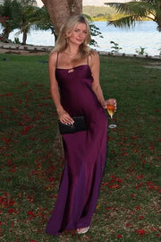 Purple Spaghetti Straps Satin Sleeveless Long Formal Prom Dress