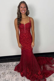 Red Mermaid V-Neck Lace Appliques Glitter Long Prom Dress with Train
