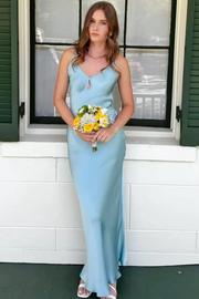 Spaghetti Straps Sleeveless V-Neck Satin Backless Long Prom Formal Dress