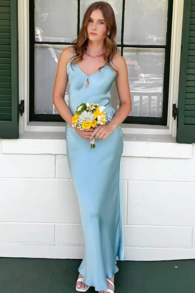 Spaghetti Straps Sleeveless V-Neck Satin Backless Long Prom Formal Dress