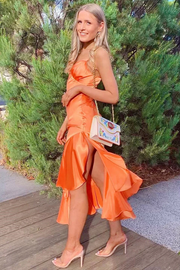 Orange V-Neck Spaghetti Straps Pleats Ruffles Satin Prom Dress